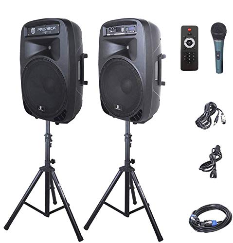 PRORECK Party 15 Portable 15-Inch 2000 Watt 2-Way Powered PA Speaker System Combo Set with Bluetooth/USB/SD Card Reader/FM Radio/Remote Control/LED Light