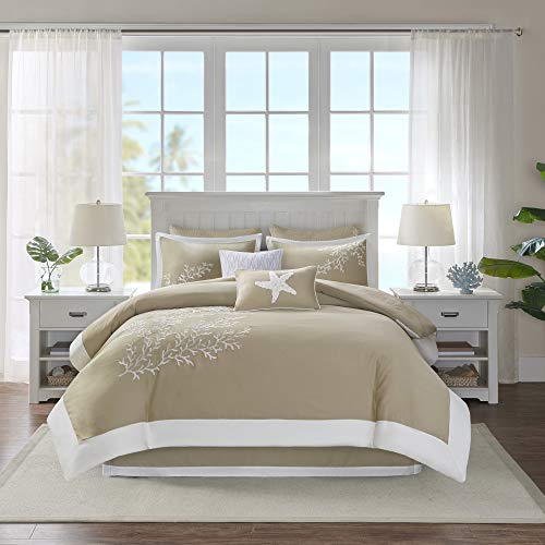 Harbor House Cotton Comforter Set-Coastal Oceanic Sealife Design All Season Down Alternative Bedding with Matching Shams, Bedskirt, Queen(92″x96″), Coastline, Coral Khaki, 6 Piece