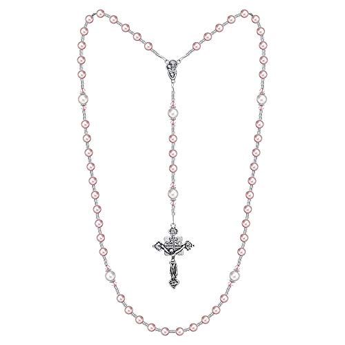 Luxury Child Keepsake Silver Rosary with Pink Simulated Pearls (RNPPP)