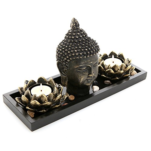 MyGift® Lotus Tea Light Candle Holders with Buddha Head Sculpture and Wood Display Tray