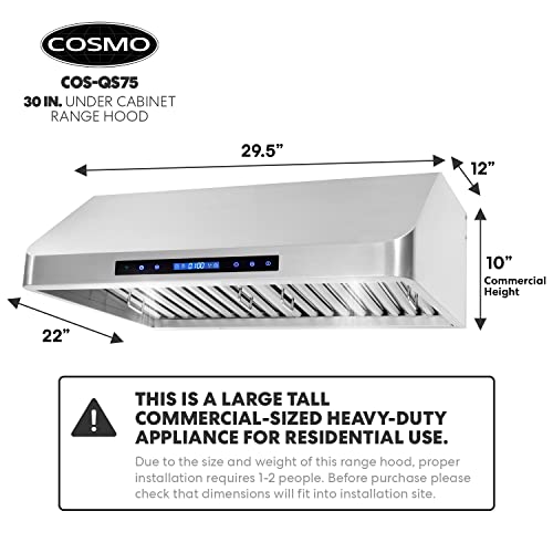 COSMO COS-QS75 30 in. Under Cabinet Range Hood with 500 CFM, Permanent Filters, LED Lights, Convertible from Ducted to Ductless (Kit Not Included) in Stainless Steel | The Storepaperoomates Retail Market - Fast Affordable Shopping
