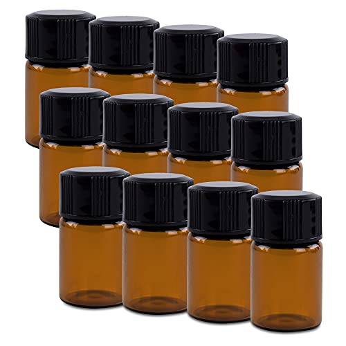 2ml Mini Amber Glass Bottles with Orifice Reducer and Cap for Essential Oils, Chemistry Lab Chemicals, Colognes & Perfumes (12 Pack)