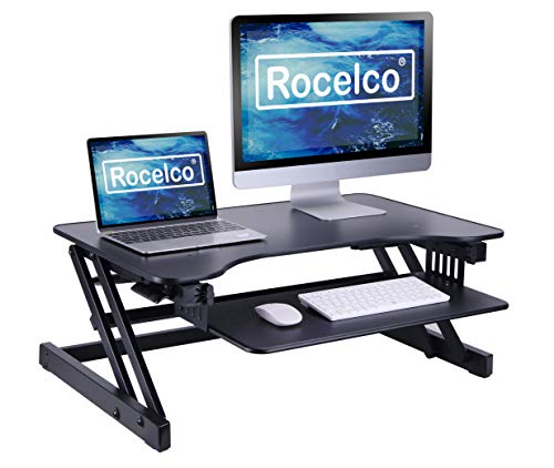 Rocelco 32″ Height Adjustable Standing Desk Converter – Quick Sit Stand Up Dual Monitor Riser – Gas Spring Assist Tabletop Computer Workstation – Large Retractable Keyboard Tray – Black (R ADRB)