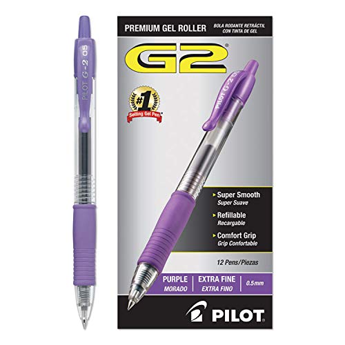 Pilot 31006 G2 Extra Fine Point Retractable Rollerball Pen – Fine Pen Point Type – 0.5 mm Pen Point Size – Purple Ink – Clear Barrel – 12 / Dozen