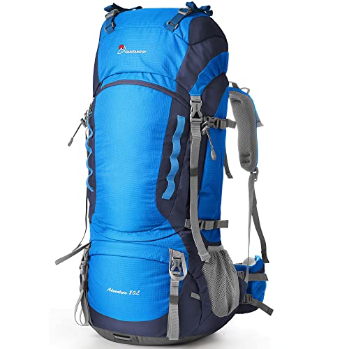 MOUNTAINTOP 80L Internal Frame Hiking Backpack for Man & Women Backpacking with Rain Cover Blue