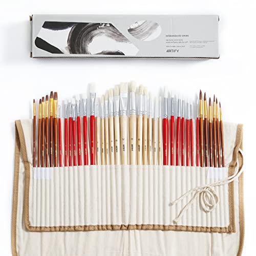ARTIFY 38 Pieces Paint Brushes, Intermediate Series, Hog Bristle, Horse Hair and Nylon Hairs Art Set Includes a Carrying Canvas Roll, for Acrylic, Oil, Watercolor and Gouache