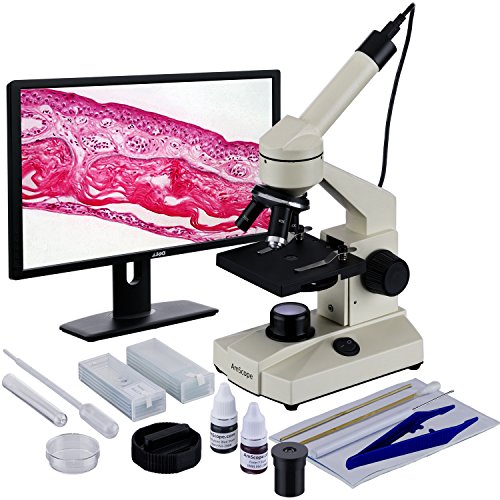 AmScope M100C-LED-SP14-E 40X-1000X Student Biological Field Microscope with LED Lighting + Camera + Slide Preparation Kit