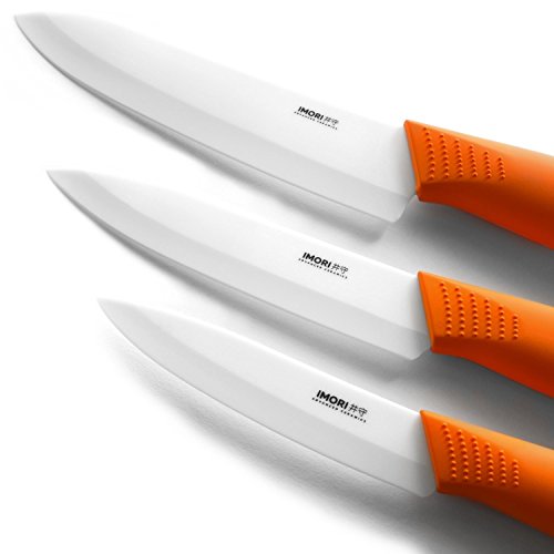 Best Ceramic Knife Set by IMORI – 3 Chef Rated Blades with SafeEdge Back Corners (6″ Chef + 5″ Slicing knife + 4″ Paring)