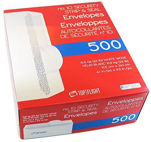Top Flight PSTF10NWT #10 Envelopes, Strip & Seal, Security Tinted, White Paper, 24 lb, 500 Count