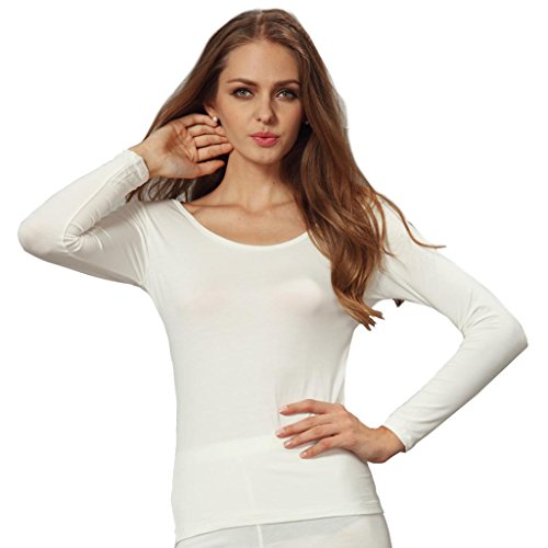 Liang Rou Womens Plain Basic Round Neck Stretch Long Sleeve Thermal Top, Medium , White
