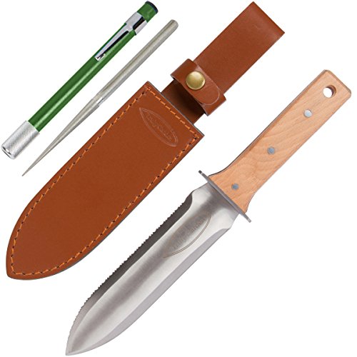 Hori Hori Garden Knife with Diamond Sharpening Rod, Thickest Leather Sheath and Extra Sharp Blade – in Gift Box. This Hori Hori Knife Makes a Great Gardening Gift.