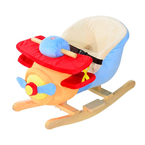 Qaba Kids Rocking Horse, Wooden Plush Ride-on Plane Chair Toy with Lullby Song and Seat Belt for 18 Month +
