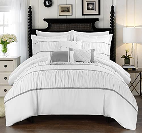 Chic Home Cheryl 10 Piece Comforter Complete Bag Pleated Ruched Ruffled Bedding with Sheet Set and Decorative Pillows Shams Included, Queen, White