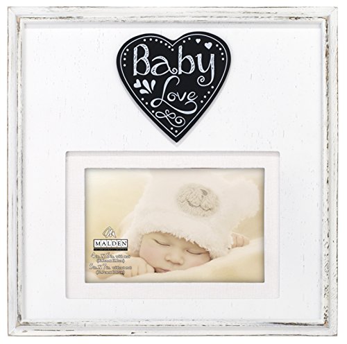 Malden International Designs Rustic Woods Distressed White with Silkscreened “Baby Love” on Heart Attachment with Linen Mat Picture Frame, 4×6/5×7, White