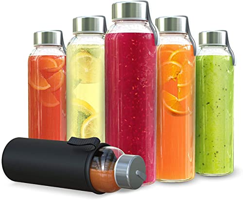 Chef’s Star 18 Oz Clear Glass Water Bottles, Reusable Glass Juicing Bottles with Protection Sleeve and Stainless Steel Leak Proof Lids, Set of 6