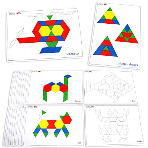 LEARNING ADVANTAGE 7149 Pattern Block Cards – Set of 20 Double-Sided Cards – Early Geometry for Kids – Teach Creativity, Sequencing and Patterning