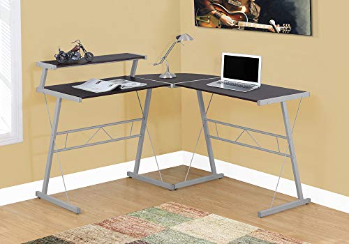 Monarch Specialties L-Shaped Corner Desk with Shelf for Home & Office, 48″ L, Cappuccino-Silver Metal Legs,