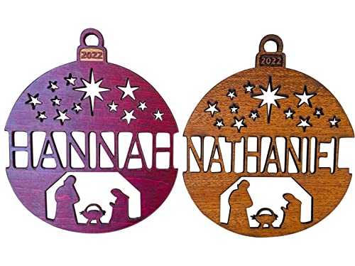 Personalized Nativity Scene 2022 Christmas Ornament from Solid Wood Mahogany or Red Stained Maple