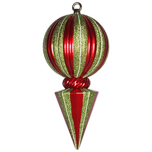Vickerman 12″ Striped Shiny Ball Finial Christmas Ornament with Glitter Accents, Shatterproof Plastic, Holiday Christmas Tree Decoration, Red and Lime