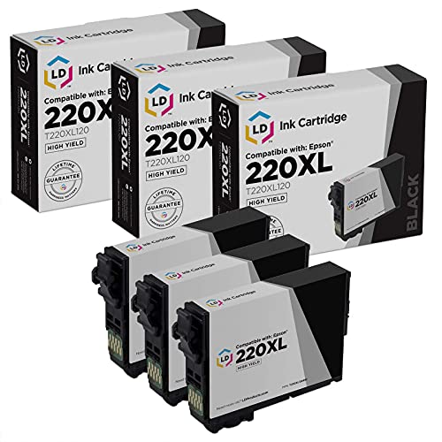 LD Products Remanufactured Replacement for Epson 220XL Ink Cartridges 220 XL T220XL120 High Yield (Black, 3-Pack) for XP-320, XP 420, XP-424, Workforce WF-2630, WF-2650, WF2660, WF-2750, WF-2760