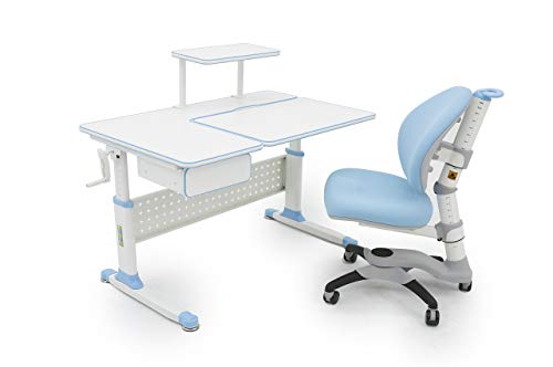 ApexDesk Little Soleil DX 43″ Children’s Height Adjustable Study Desk w/Integrated Shelf & Drawer (Desk+Chair Bundle – Blue)