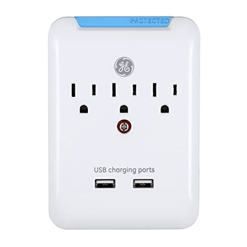GE Pro 3-Outlet Extender with 2 USB Ports, Surge Protector, Charging Station Wall Tap, Protected Indicator LED, 3-Prong, 540 Joule, 2.4 AMP/10 Watt, UL Listed, White, 33646