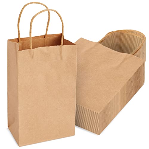 Juvale 24-Pack Small Gift Bags with Handles, 5.3x3x8.5 Inch Bulk Kraft Paper Material Brown Bags, Use for Birthday Party Favors, Reusable Grocery, Retail Shopping, Business, Goodies