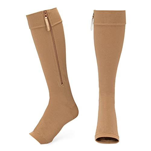 Zipper Compression Socks. 20-30mmHg. Knee Length. 2X. Beige