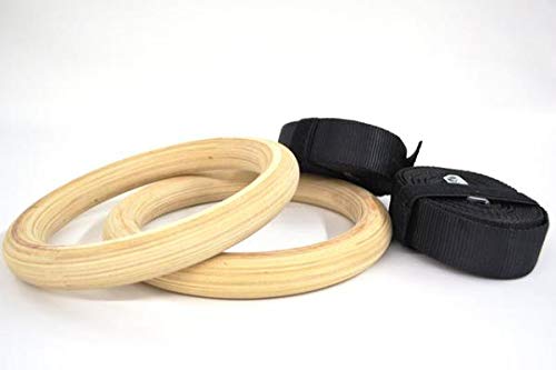 AbleFitness Wood Wooden Gym Rings with Adjustable Straps Metal Cam Buckle for Strength Training Cross Fit