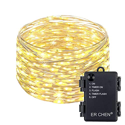 ER CHEN Battery Operated String Lights, 33ft/10M 100 LED Fairy Lights with Timer, Waterproof Silver Coated Copper Wire Christmas Lights for Bedroom Wedding Party (Warm White)