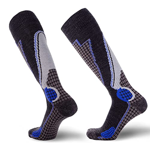 High Performance Wool Ski Socks – Thermal Warm Merino Wool OTC Sock, Men Women (1 Pair – Black/Grey/Blue, Medium)