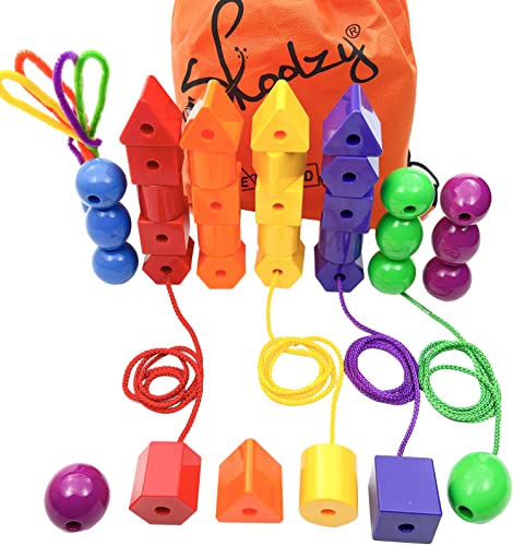 Skoolzy Jumbo Lacing Beads 40 Piece Set – Autism Fine Motor Skills Montessori Toys – 36 String Beads, 4 Strings, Travel Bag, Preschool Activities eBook Set
