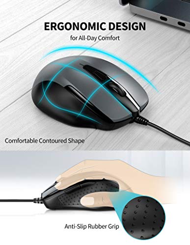 TECKNET USB Wired Mouse, 6-Button Corded Mouse with 2 Adjustable DPI, Optical Computer Mouse with Ergonomic Design and 5FT Cord for Laptop, Chromebook, PC, Desktop, Mac, Notebook-Grey | The Storepaperoomates Retail Market - Fast Affordable Shopping