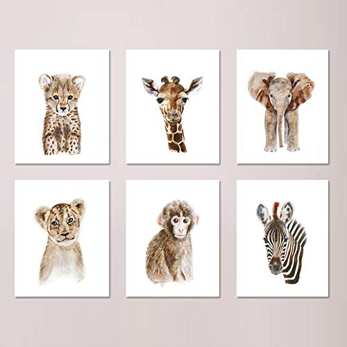 Safari Nursery Print Set of 6 Prints, African Baby Animal Watercolors: Lion, Giraffe, Elephant, Zebra, Monkey, Cheetah – Selection of Alternate Animals and Sizes available