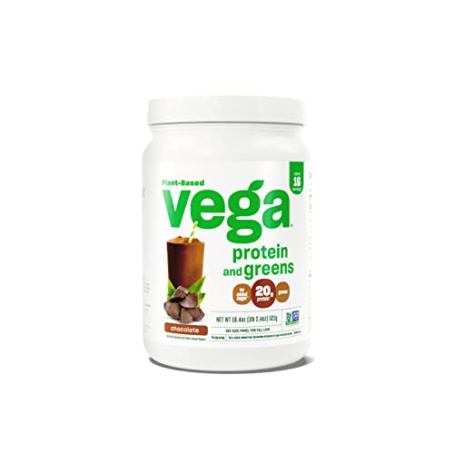 Vega Protein and Greens Vegan Protein Powder Chocolate (16 Servings) – 20g Plant Based Protein Plus Veggies, Vegan, Non GMO, Pea Protein for Women and Men, 1.2lb (Packaging May Vary)