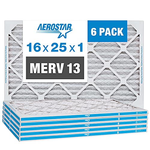 Aerostar 16x25x1 MERV 13 Pleated Air Filter, AC Furnace Air Filter, 6 Pack (Actual Size: 15 3/4″ x 24 3/4″ x 3/4″)
