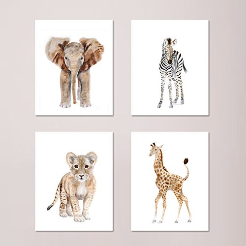 Set of 4 Safari Baby Room Prints, Jungle Nursery Art: Elephant, Giraffe, Lion and Zebra – Selection of Alternate Animals and Sizes available