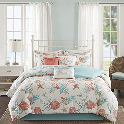 Madison Park 100% Cotton Comforter Set – Coastal Coral, Starfish Design All Season Down Alternative Cozy Bedding with Matching Shams, Decorative Pillow, Queen(90″x90″), Teal 7 Piece