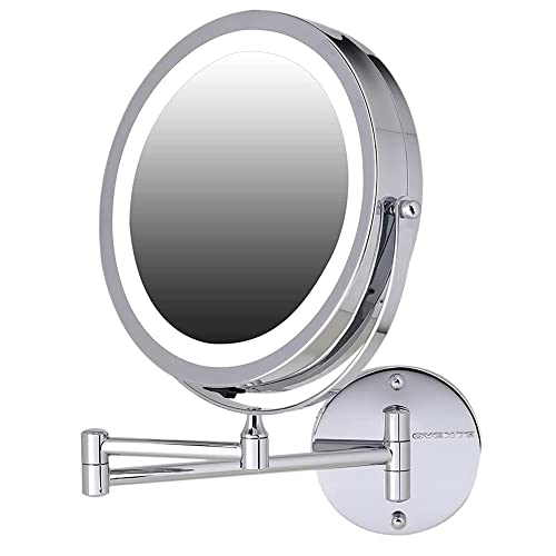 Ovente 6.8″ Lighted Wall Mount Makeup Mirror, 1X & 10X Magnifier, Adjustable Double Sided Round LED, Extend, Retractable & Folding Arm, Compact & Cordless, Battery Powered Polished Chrome MFW70CH1X10X
