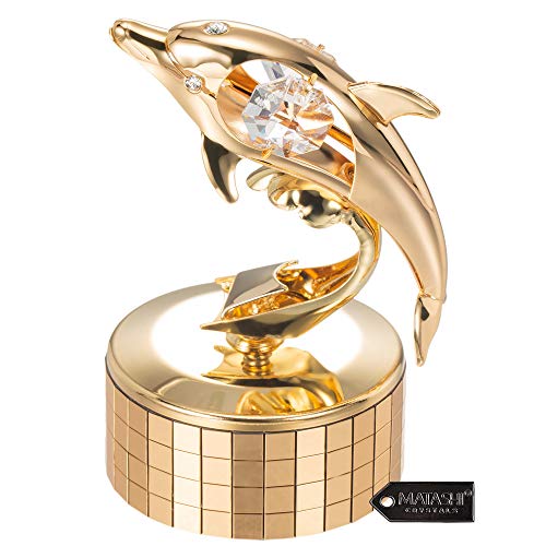 Matashi 24K Gold Plated Music Box Plays – You are My Sunshine with Crystal Studded Dolphin Figurine, Best Gift for Valentine’s Day, Birthday, Mother’s Day, Christmas, Anniversary