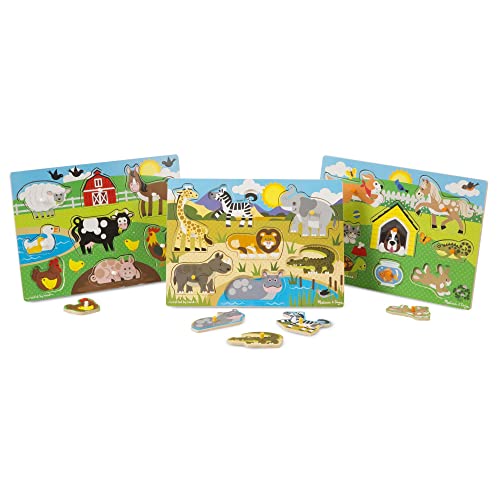 Melissa & Doug World of Animals Wooden Peg Puzzles Set – Pets, Farm, and Safari