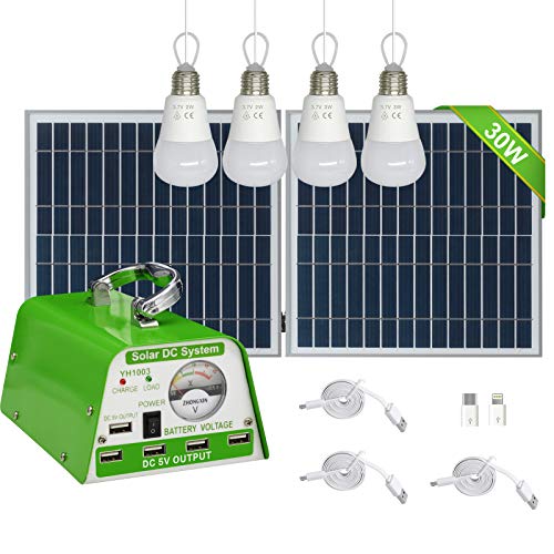 GVSHINE Solar Lighting Kit 30W Solar Panel 115WH Emergency Backup Battery with Phone Charger AC to DC Adapter and 4 LED Bulb Solar Panel Light System for Outdoor Camping Travel Hunting Home Blackout