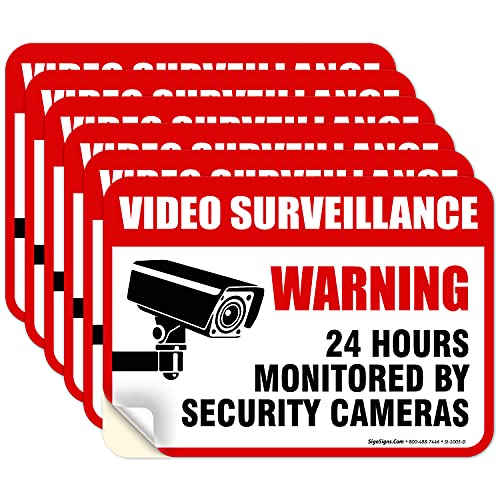 (6 Pack) 24 Hour Video Surveillance Sign, 2½x3½” 4 Mil Sleek Vinyl Decal Stickers Weather Resistant Long Lasting UV Protected and Waterproof Made in USA by Sigo Signs