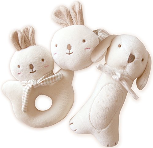 JOHN N TREE Organic Baby First Friends, Stuffed Animals (Puppy & Baby Rabbit Rattle Set) Attachment Doll for Baby