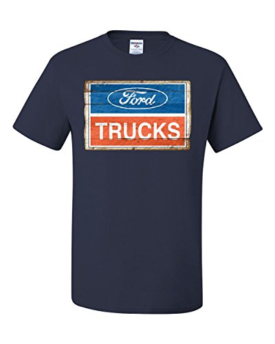 Ford Trucks Old Sign T-Shirt Licensed Ford Built Tough Tee Shirt Navy Blue X-Large