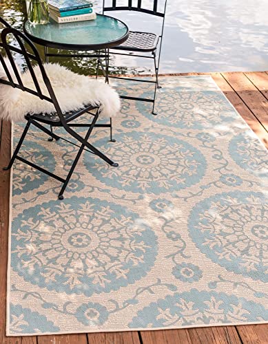 Unique Loom Collection Geometric, Botanical, Coastal, Bohemian, Indoor and Outdoor Area Rug, 5 ft 3 in x 8 ft, Light Blue/Beige