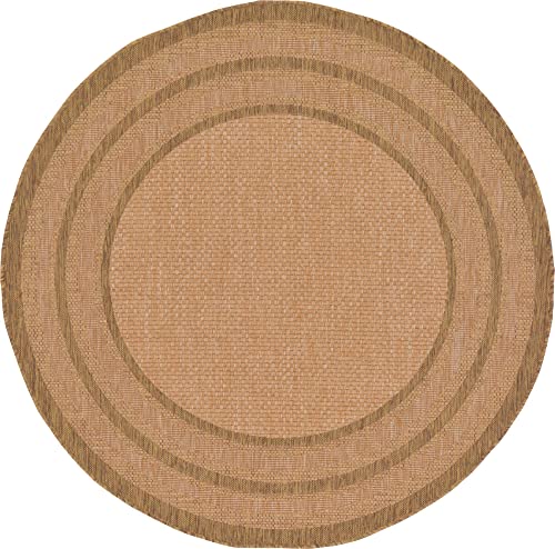 Unique Loom Outdoor Border Collection Area Rug – Multi Border (6′ 1″ Round, Tan/ Light Brown)