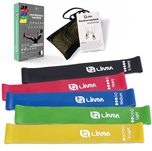 Limm Resistance Loop Exercise Bands – Set of 5 Stretch Bands for Working Out with Instruction Guide & Carry Bag – Elastic Band for Home Workout & Physical Therapy for Women and Men 12″ x 2″
