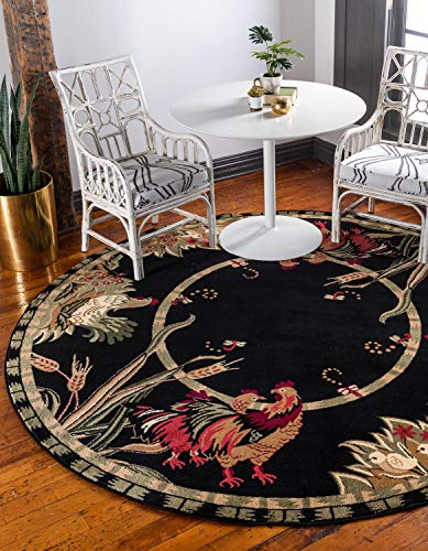 Unique Loom Barnyard Collection French Country Inspired Cottage Rooster Design Area Rug (8′ 0 x 8′ 0 Round, Black/Ivory)