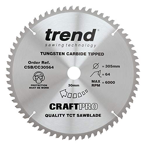 Trend CSB/CC30564 Craft Pro Negative Hook Crosscutting TCT Circular Saw Blade Ideal for Makita, Dewalt, Metabo, and Bosch Mitre Saws, 305mm x 64 Teeth x30 Bore, Tungsten Carbide Tipped